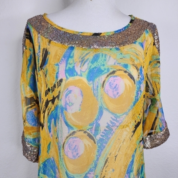 NEW YELLOW URBAN MANGOZ SIZE S, SEQUINS MULTICOLOR BLOUSE FALL SHEER AQUA - Picture 7 of 17